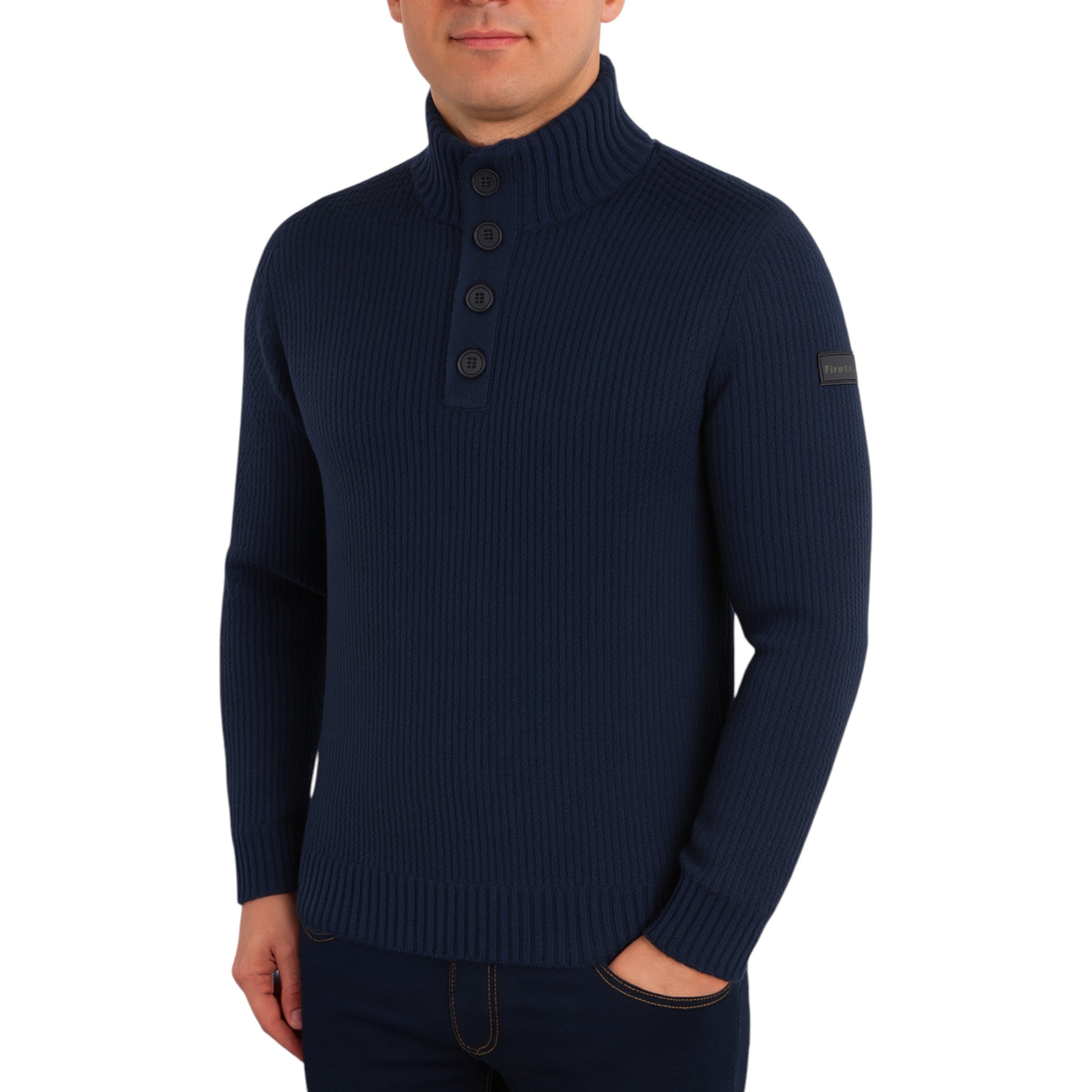 Firetrap men’s navy funnel neck jumper with button placket – ex store knit pullover